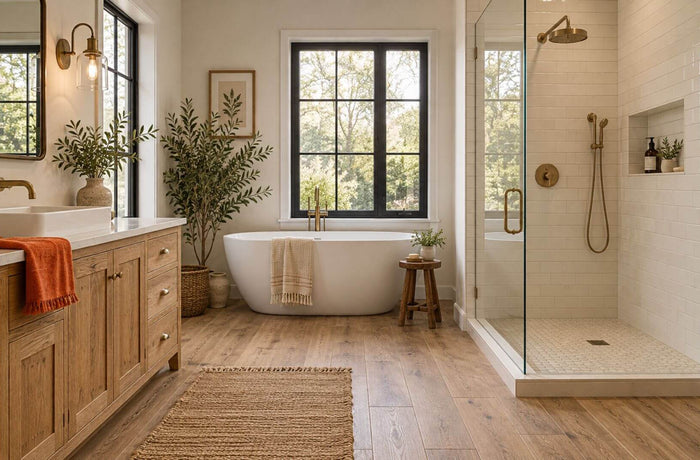 Modern farmhouse bathroom with cream subway tiles, wood-look flooring, an oak vanity and a glass-enclosed shower.