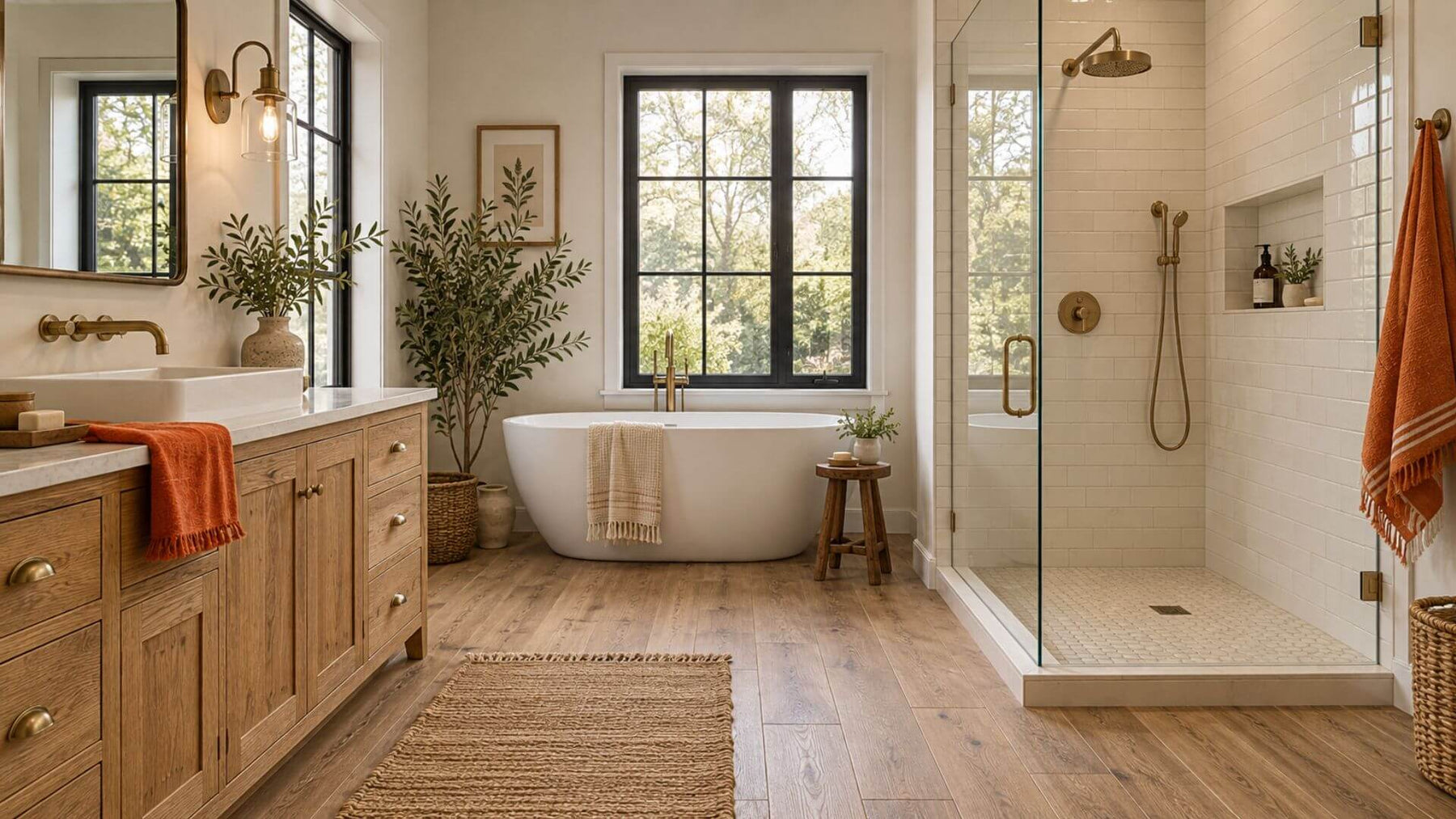 Modern farmhouse bathroom with cream subway tiles, wood-look flooring, an oak vanity and a glass-enclosed shower.