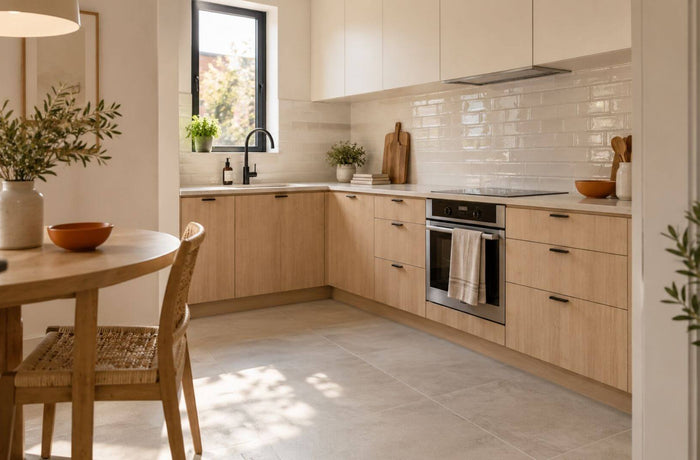 Small kitchen with ivory backsplash tiles, pale oak cabinets, and large light-colored floor tiles.