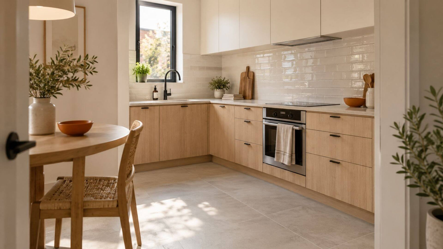 Small kitchen with ivory backsplash tiles, pale oak cabinets, and large light-colored floor tiles.