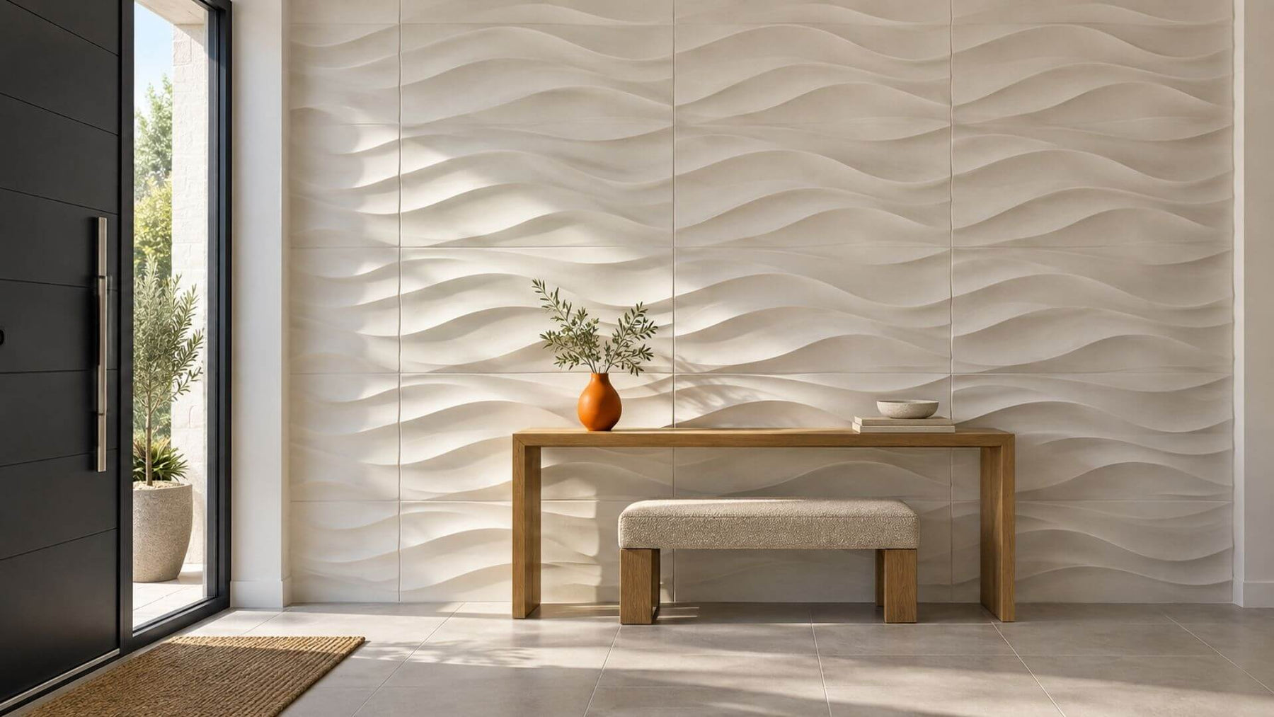 Modern entryway with ivory 3D wave tiles, an oak console, and natural light highlighting the textured feature wall.