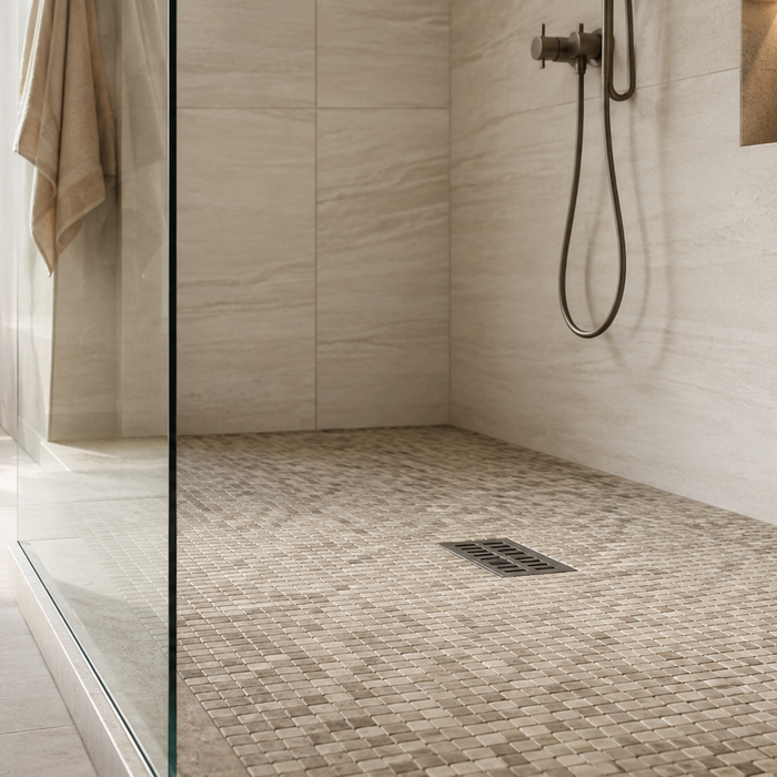How can slip risk be reduced when choosing shower floor tile?