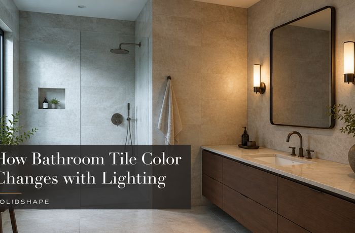 How does bathroom tile color change with lighting?