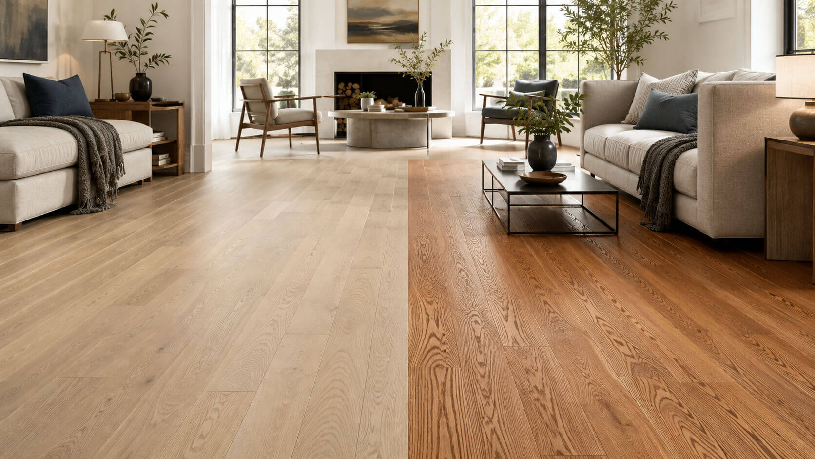 Modern living room comparing light white oak flooring with warmer red oak flooring side by side