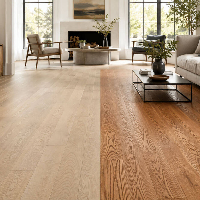 Modern living room comparing light white oak flooring with warmer red oak flooring side by side