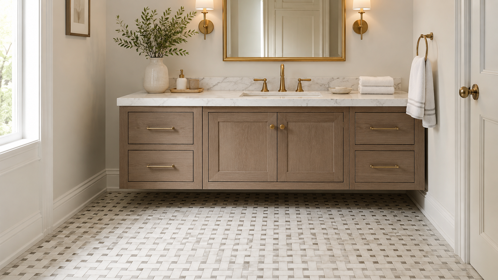 Which interiors make basketweave mosaic tile look most elegant?