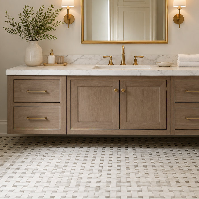 Which interiors make basketweave mosaic tile look most elegant?