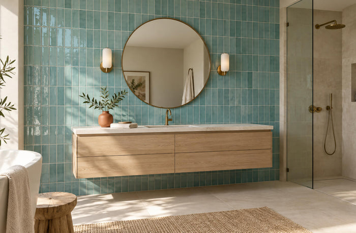 Sunlit bathroom with aquamarine green wall tiles, a floating oak vanity, a round mirror, and brass fixtures.