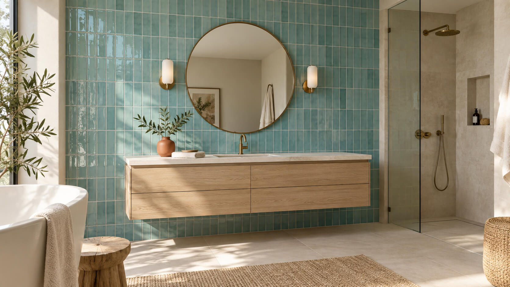Sunlit bathroom with aquamarine green wall tiles, a floating oak vanity, a round mirror, and brass fixtures.