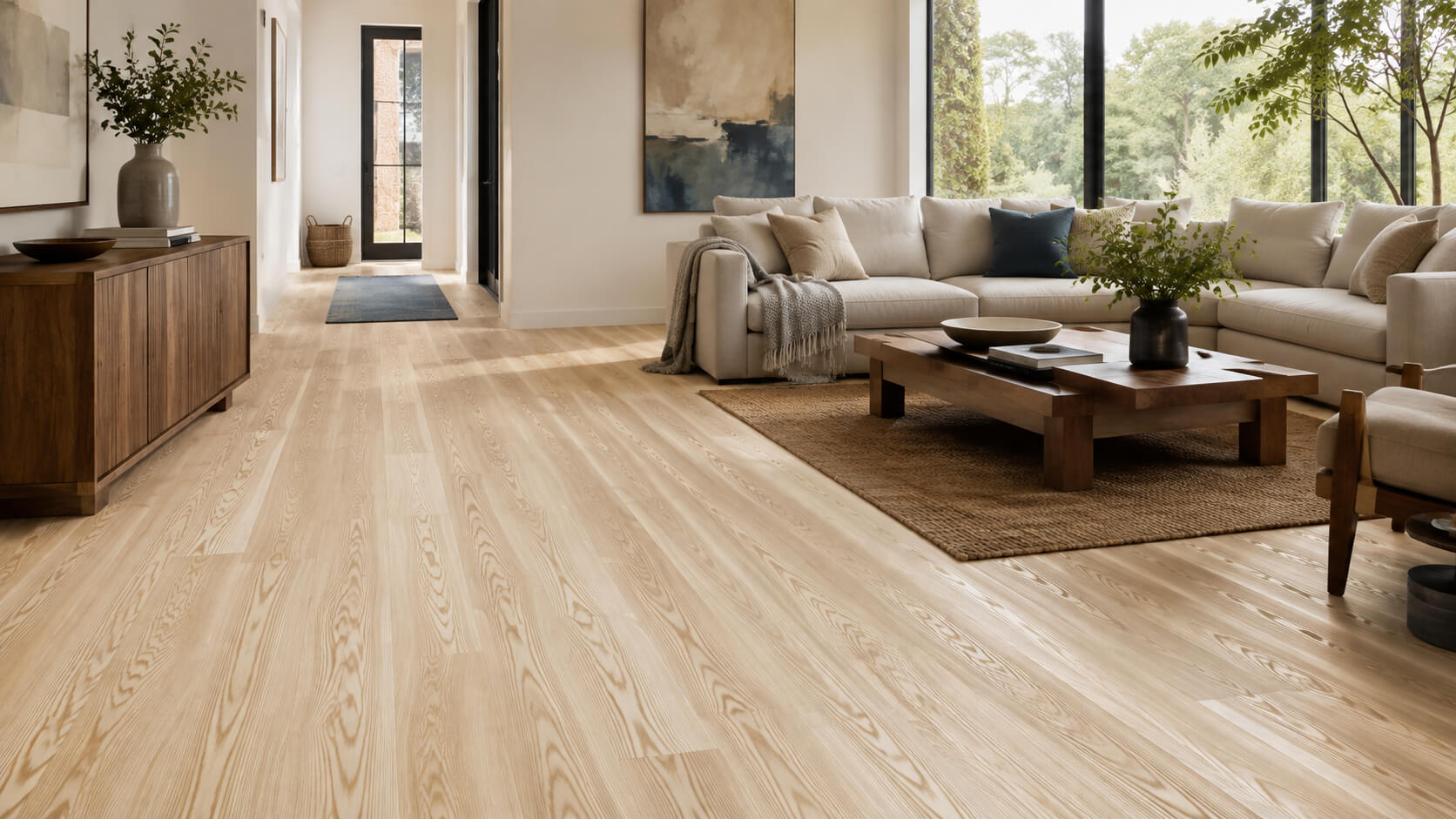 Light-toned ash hardwood flooring in a bright modern living room with natural grain and a clean contemporary interior