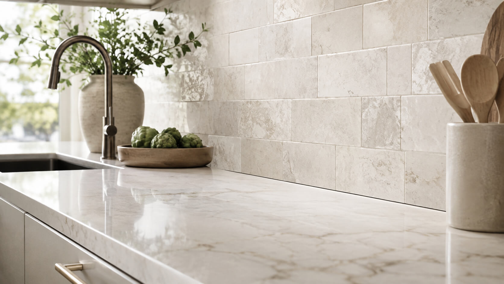 Modern kitchen backsplash tile above a stone countertop with a clean sealed transition gap.