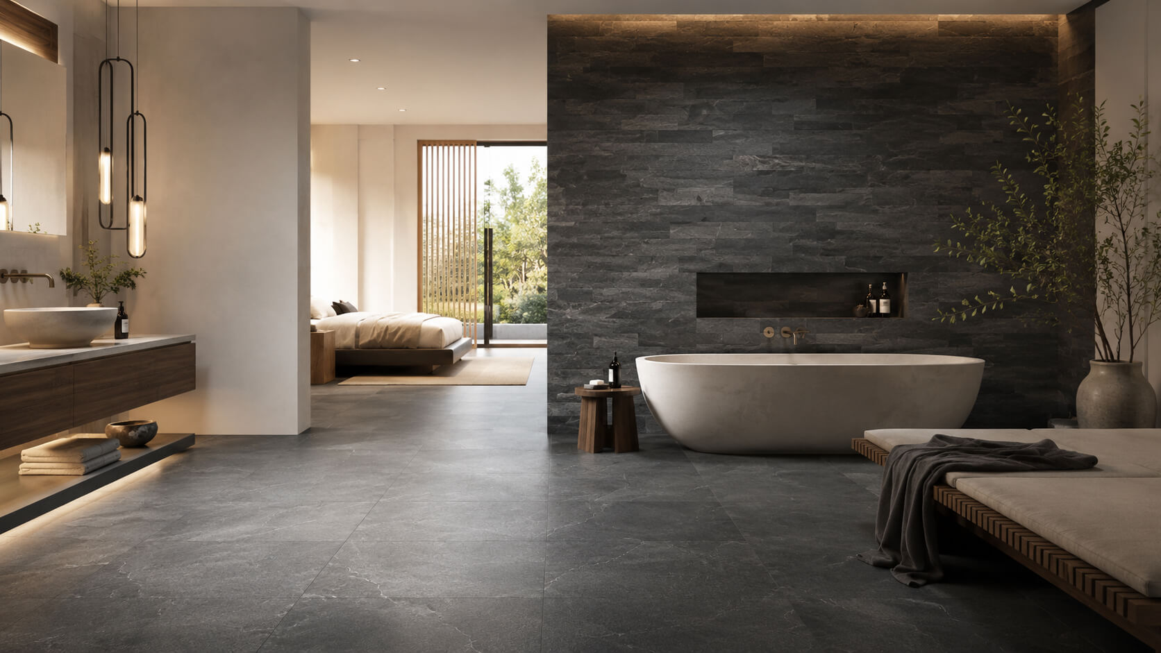 Modern interior featuring dark basalt tile flooring and a textured basalt feature wall with warm wood accents