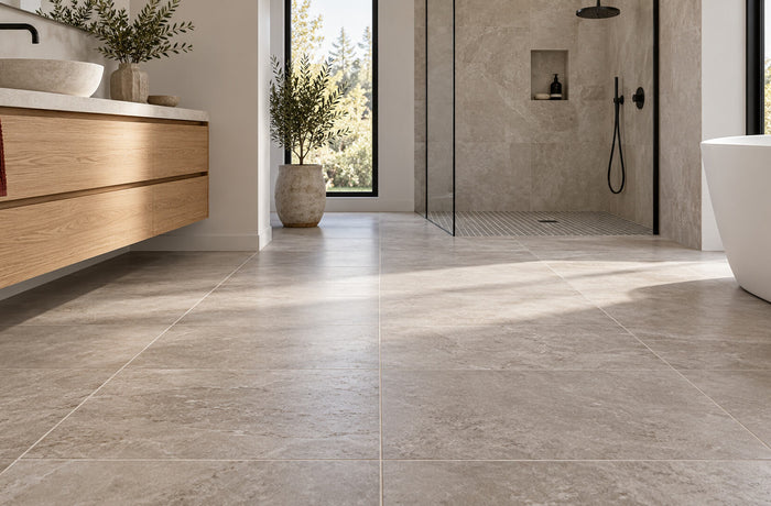 Modern bathroom with stone-look floor tiles, an oak vanity, and a walk-in shower.