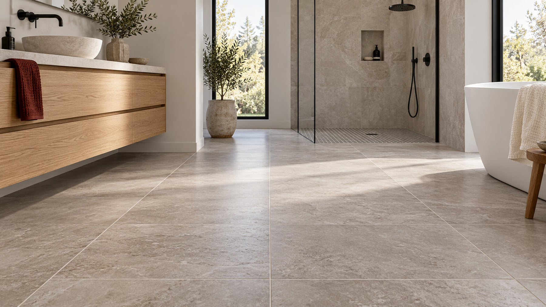 Modern bathroom with stone-look floor tiles, an oak vanity, and a walk-in shower.