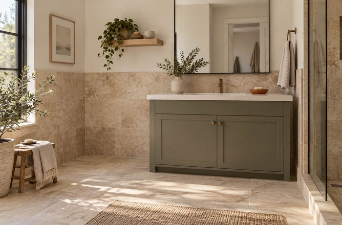 Beige tiled bathroom with a muted sage vanity, warm white walls, brass fixtures and natural daylight.