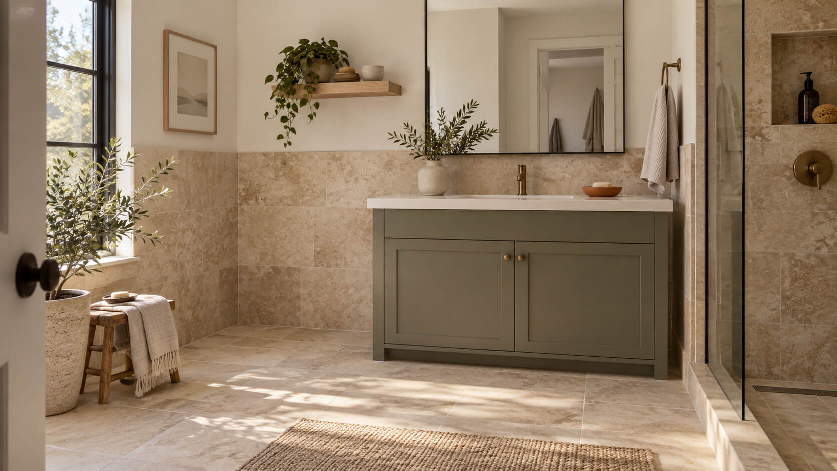 Beige tiled bathroom with a muted sage vanity, warm white walls, brass fixtures and natural daylight.