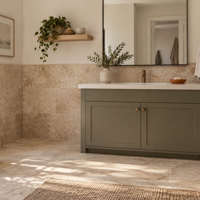 Beige tiled bathroom with a muted sage vanity, warm white walls, brass fixtures and natural daylight.