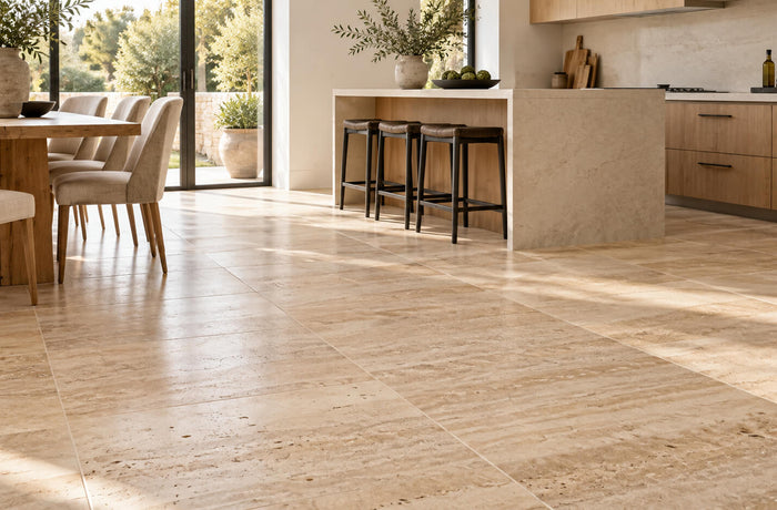 Sunlit kitchen with beige travertine floor tiles, oak cabinetry and upholstered dining chairs.