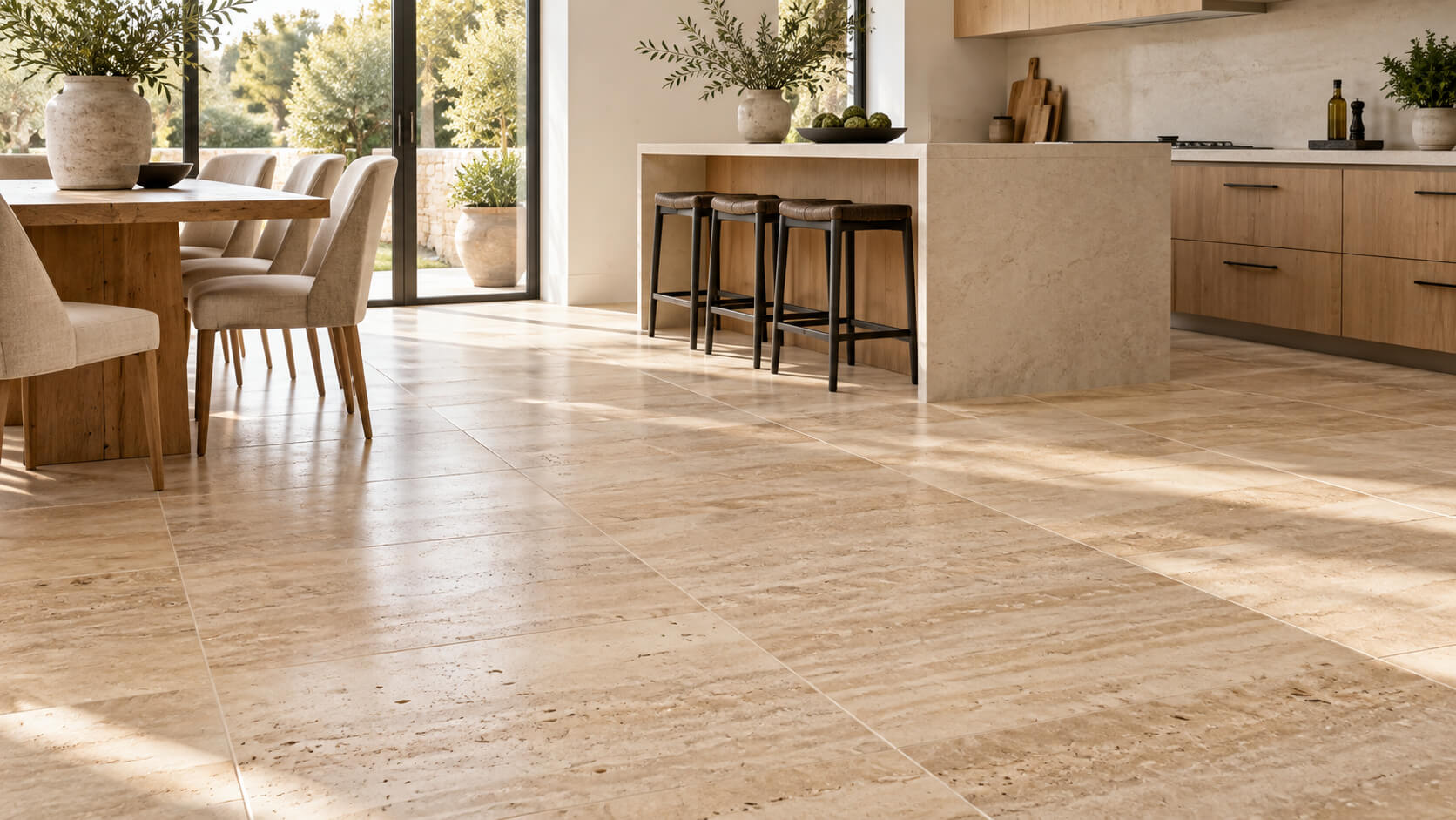 Sunlit kitchen with beige travertine floor tiles, oak cabinetry and upholstered dining chairs.