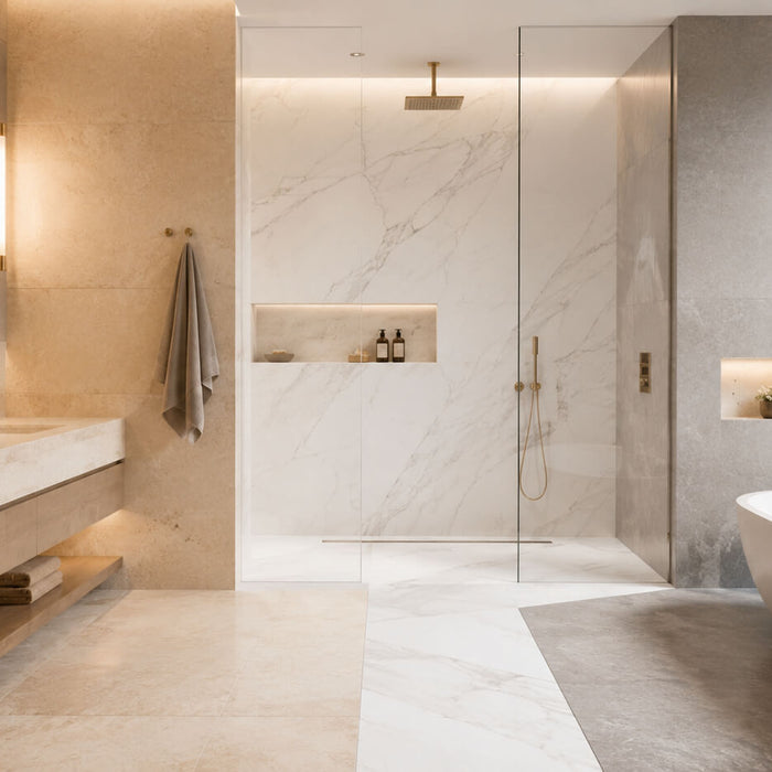Luxury spa-like bathroom featuring beige, white, and gray natural stone tones with warm lighting and modern fixtures.