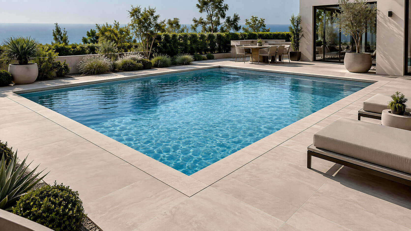 Modern rectangular pool with clean light stone coping, precise corners, and coordinated pool deck