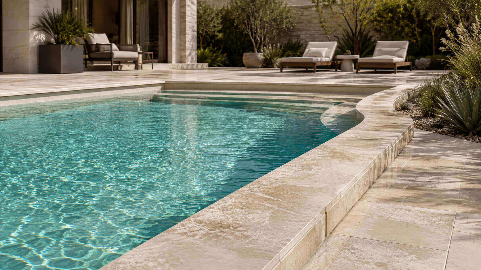 Light natural stone coping around a modern saltwater pool with a textured pool deck and turquoise water