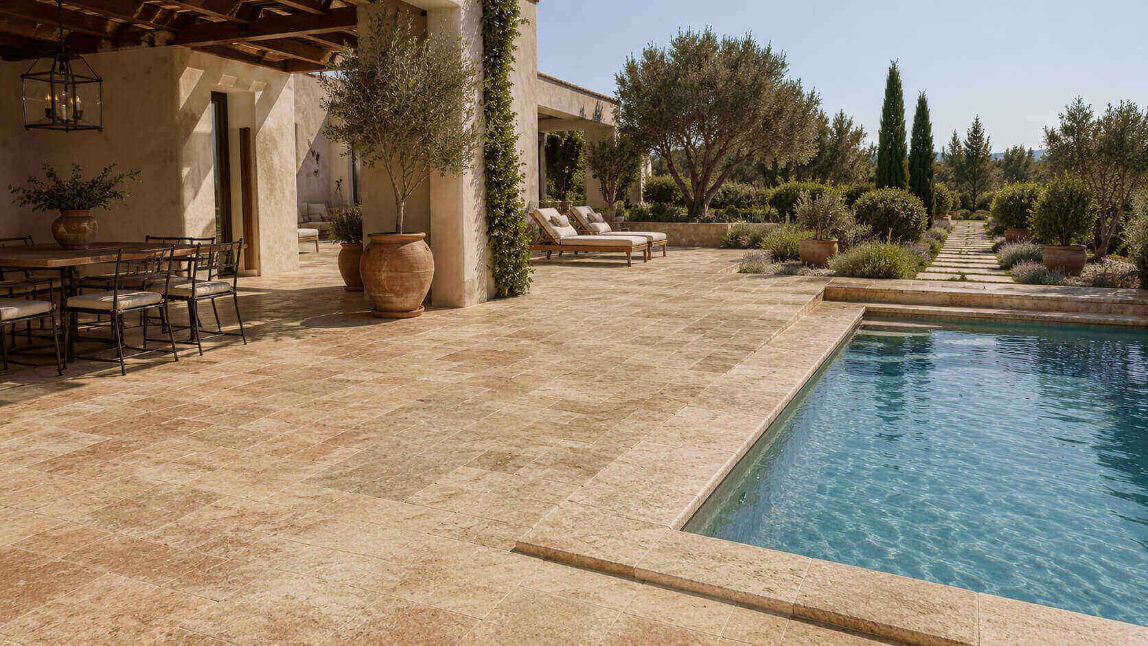 Noce Travertine patio and pool deck with matching pool coping in a Mediterranean outdoor setting