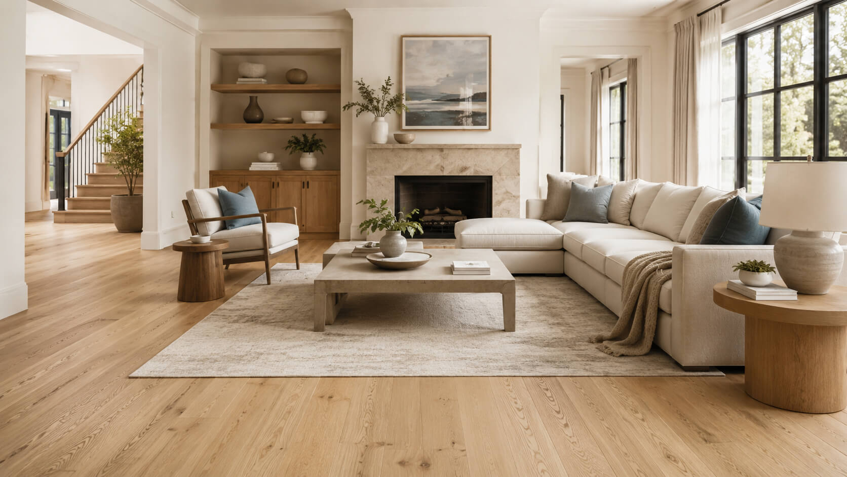 Bright living room with natural oak hardwood flooring, neutral furniture, and warm natural light