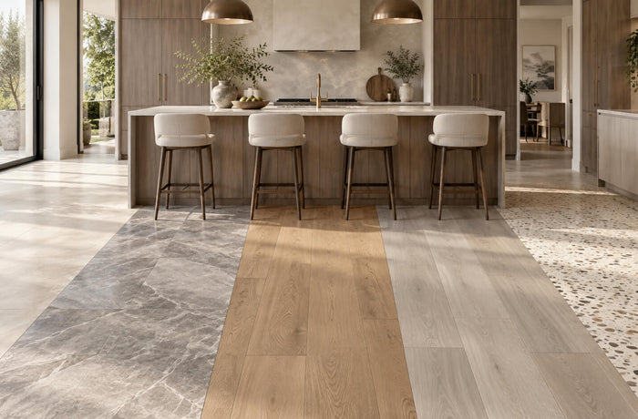 Modern kitchen showing porcelain tile, natural stone, engineered hardwood, luxury vinyl plank, and terrazzo flooring options