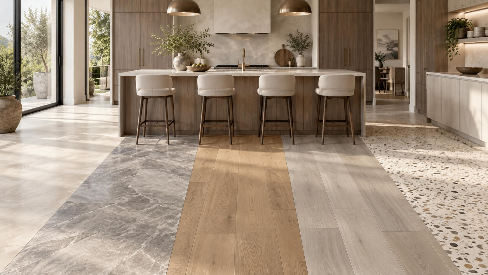 Modern kitchen showing porcelain tile, natural stone, engineered hardwood, luxury vinyl plank, and terrazzo flooring options