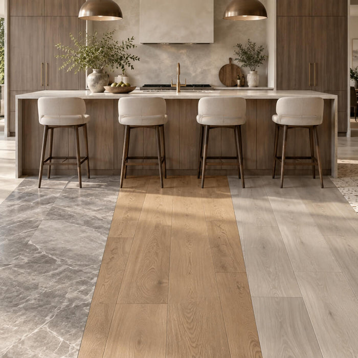 Modern kitchen showing porcelain tile, natural stone, engineered hardwood, luxury vinyl plank, and terrazzo flooring options