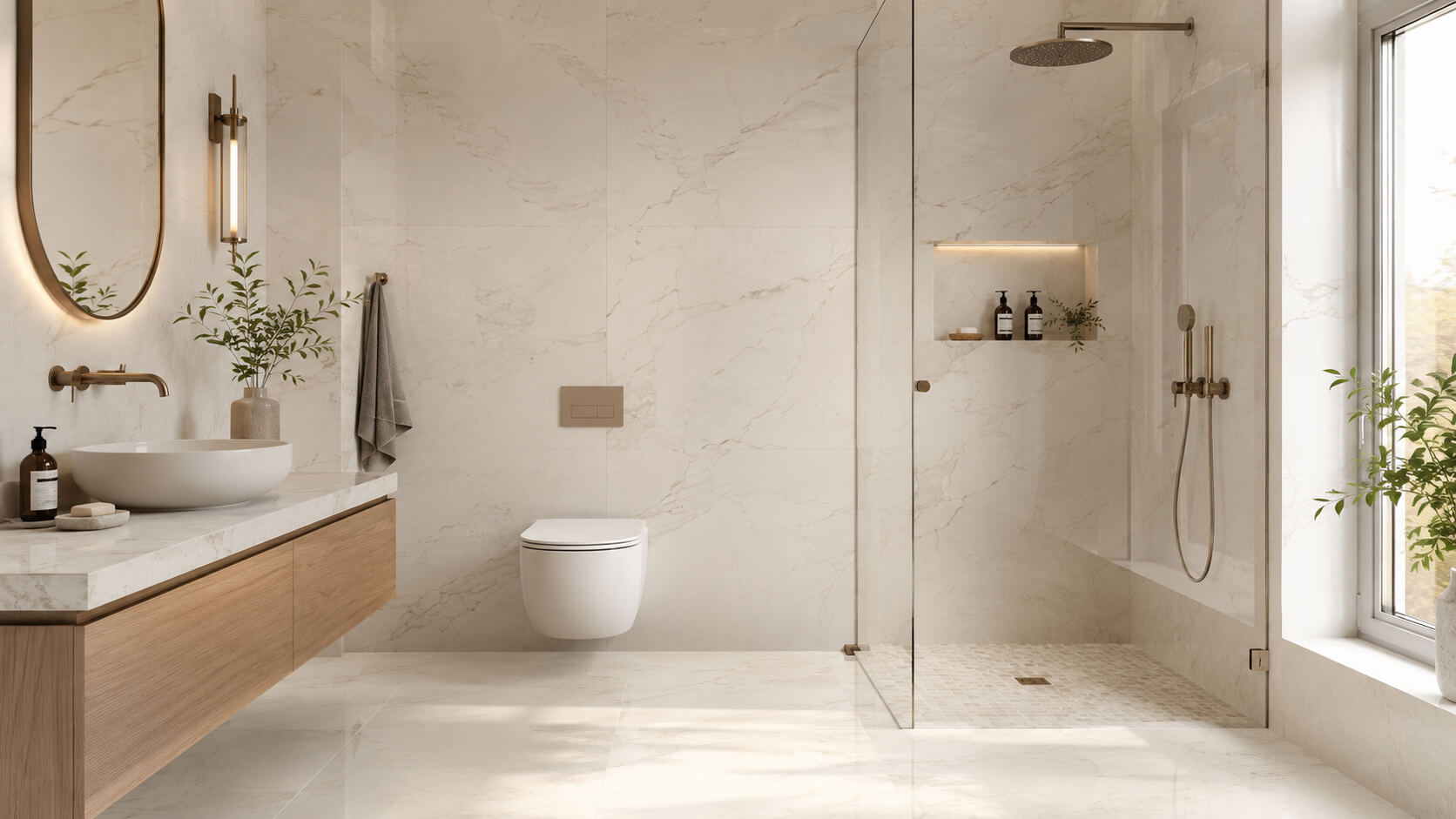 Luxury small bathroom with large-format marble tiles and mosaic shower flooring