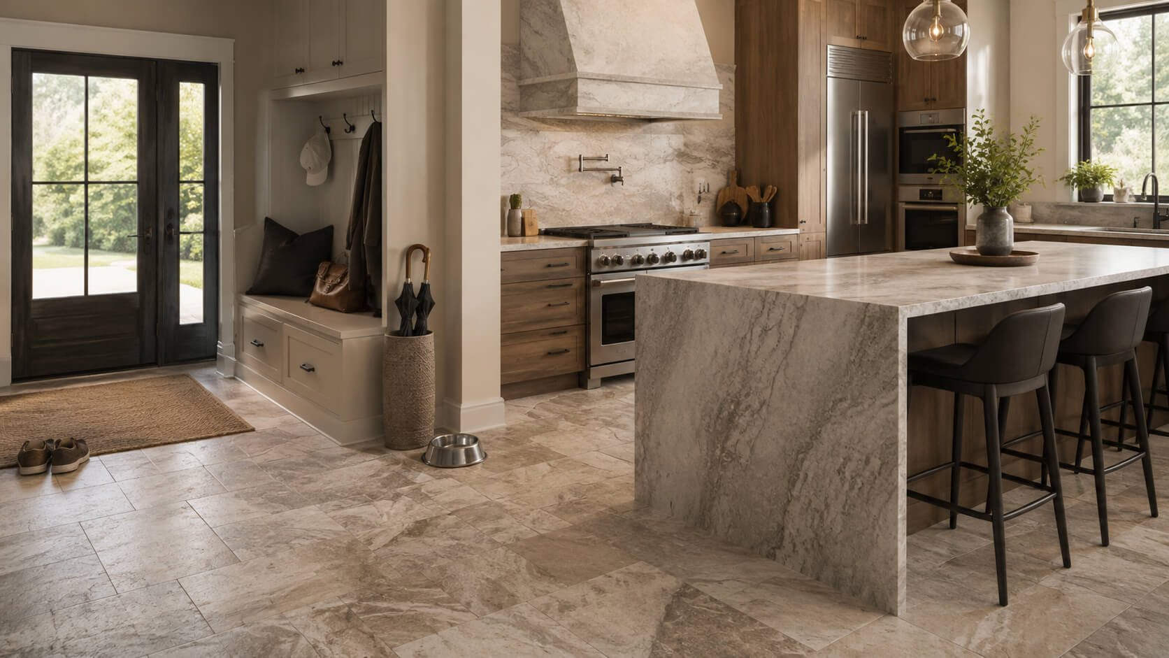 Luxury kitchen and entryway with natural stone flooring and a large stone island, showing a practical high-end look for busy high-maintenance areas.