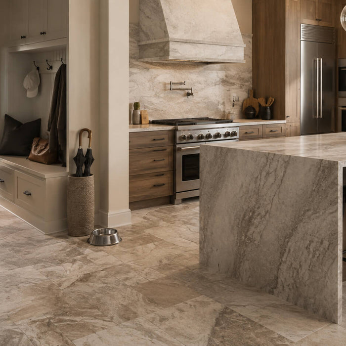 Luxury kitchen and entryway with natural stone flooring and a large stone island, showing a practical high-end look for busy high-maintenance areas.