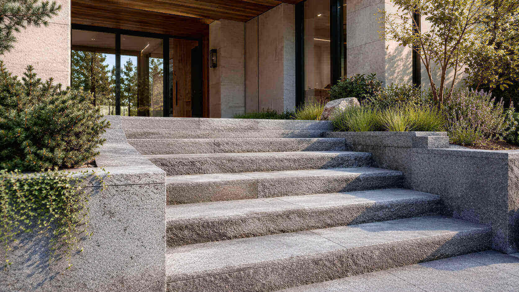 Modern home entrance with textured gray natural stone outdoor stairs, showing a durable and slip-resistant stair design for exterior use.