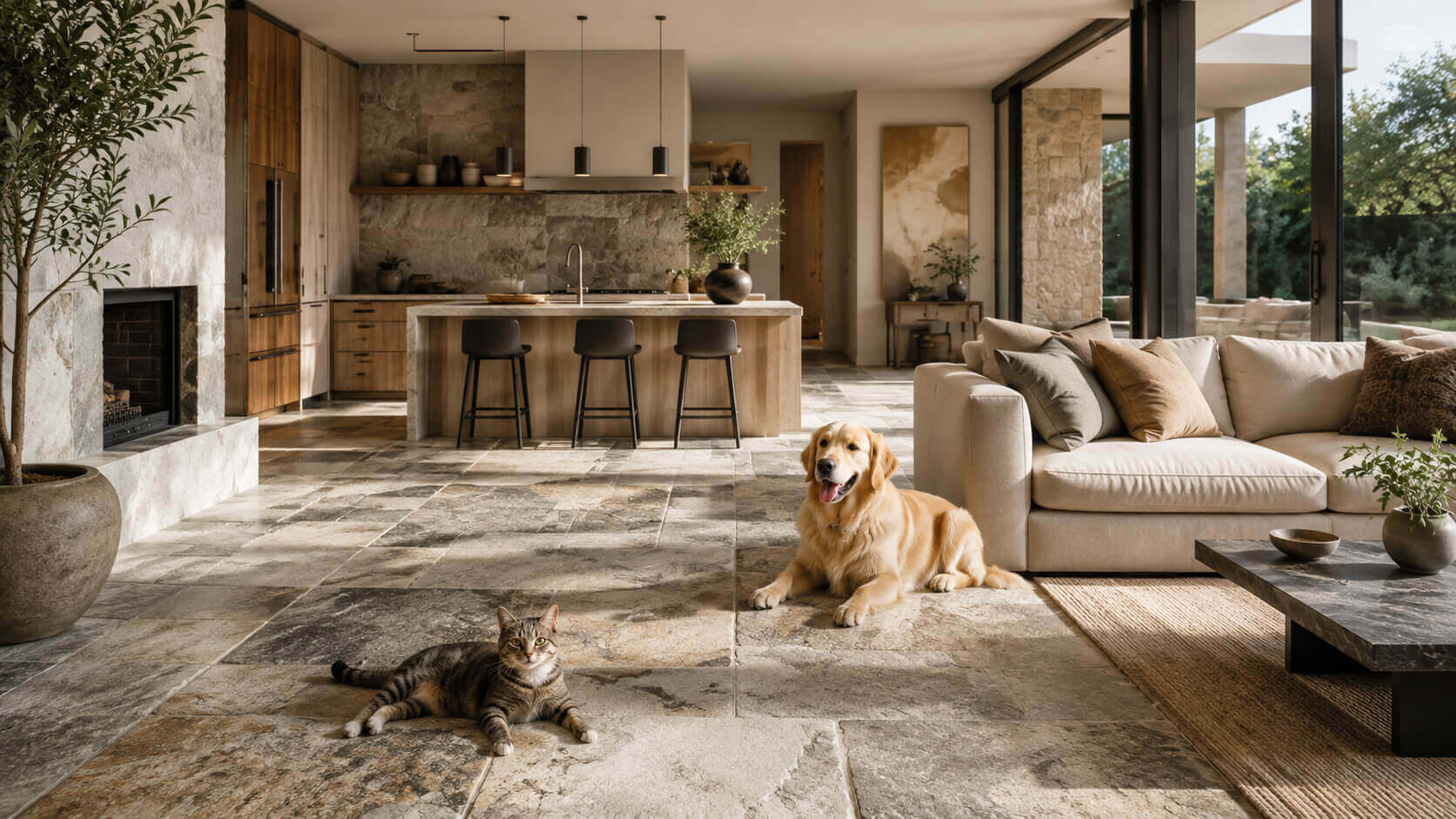 Pet-friendly modern home with a dog and cat on durable natural stone tile flooring