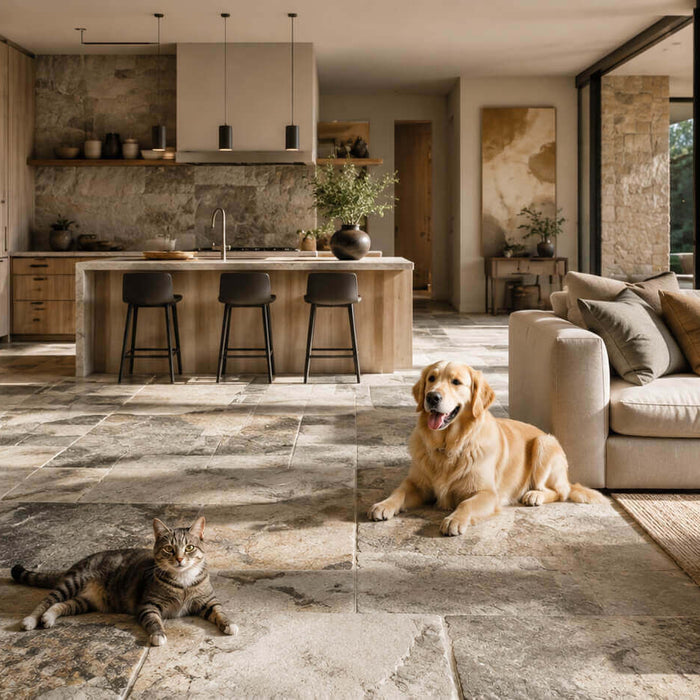 Pet-friendly modern home with a dog and cat on durable natural stone tile flooring