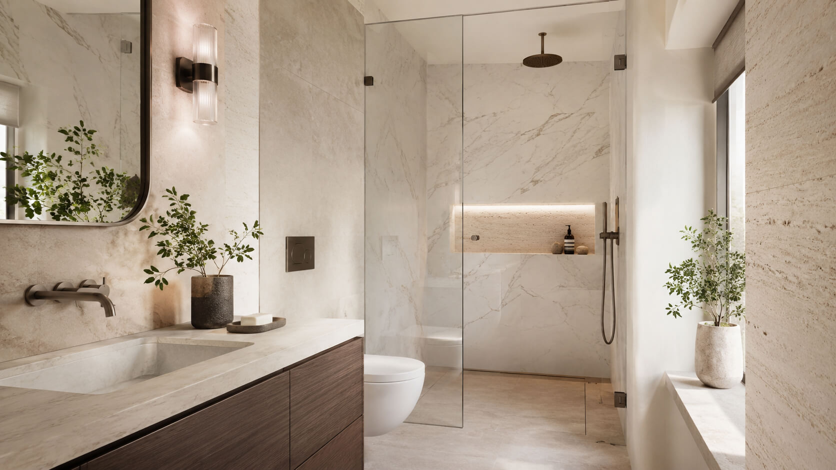 Bright small bathroom with light natural stone surfaces, marble shower walls, a stone vanity top, and a calm neutral layout that helps a compact bathroom feel larger.