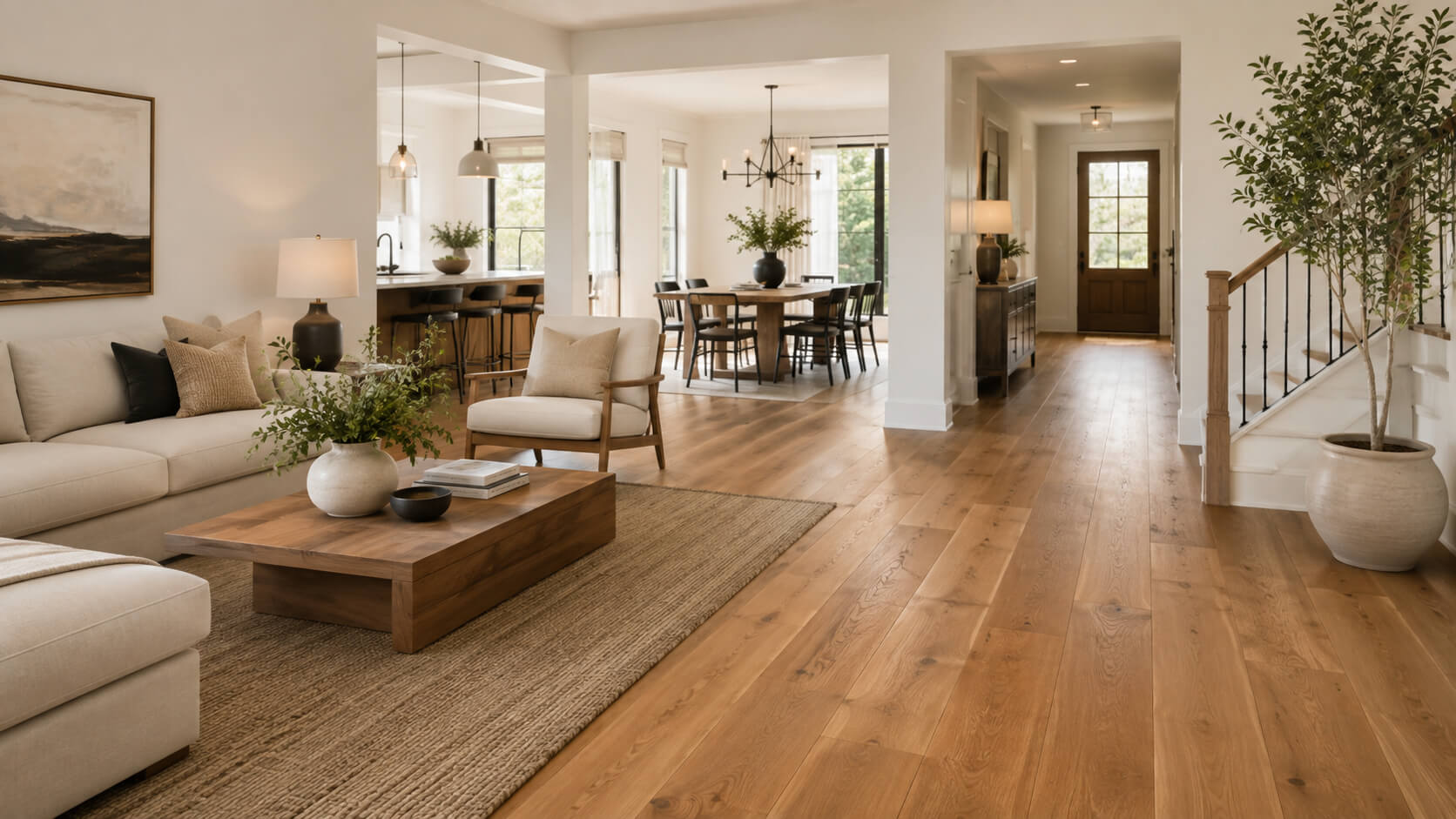 Open-plan living room, dining area, and hallway with warm hardwood flooring in a bright modern home interior.
