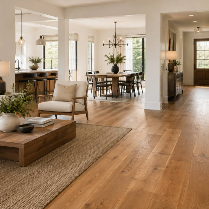 Open-plan living room, dining area, and hallway with warm hardwood flooring in a bright modern home interior.
