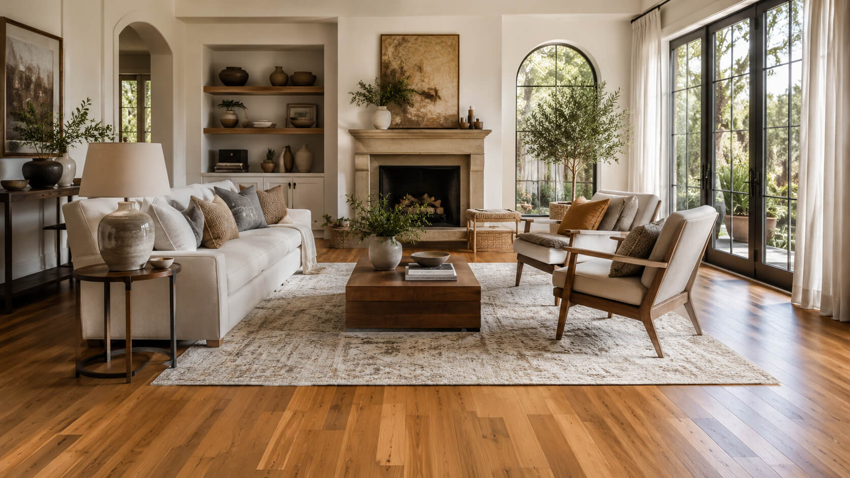 Stylish living room with hardwood flooring and a large neutral area rug anchoring the seating area