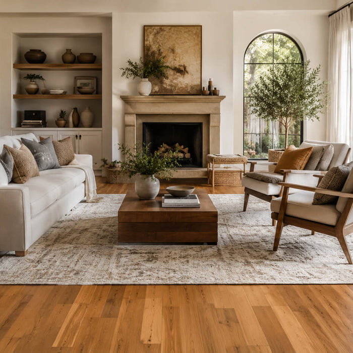 Stylish living room with hardwood flooring and a large neutral area rug anchoring the seating area