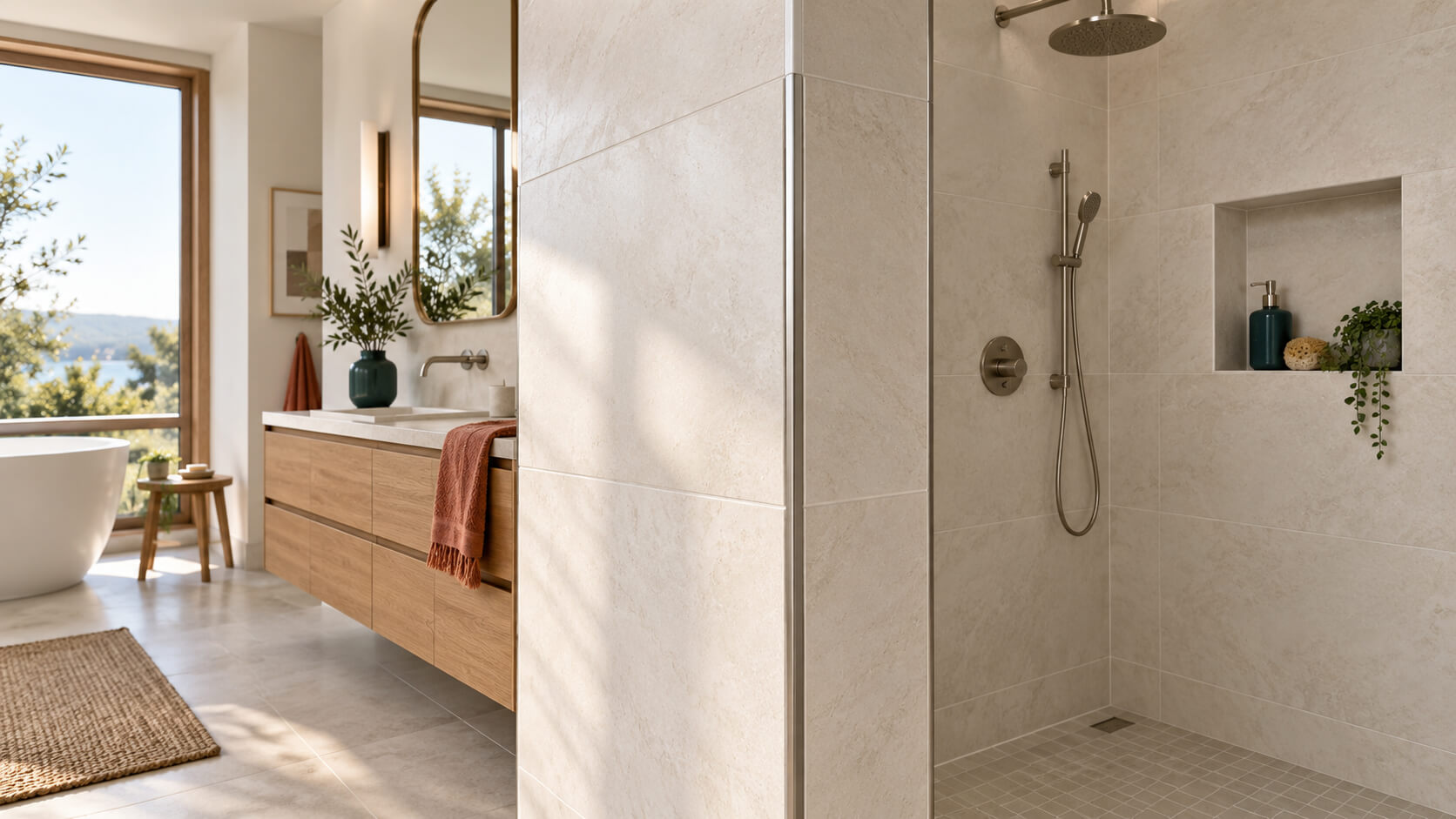 Sunlit bathroom with ivory tiled shower walls, a metal edge profile, a recessed niche, and a floating oak vanity.