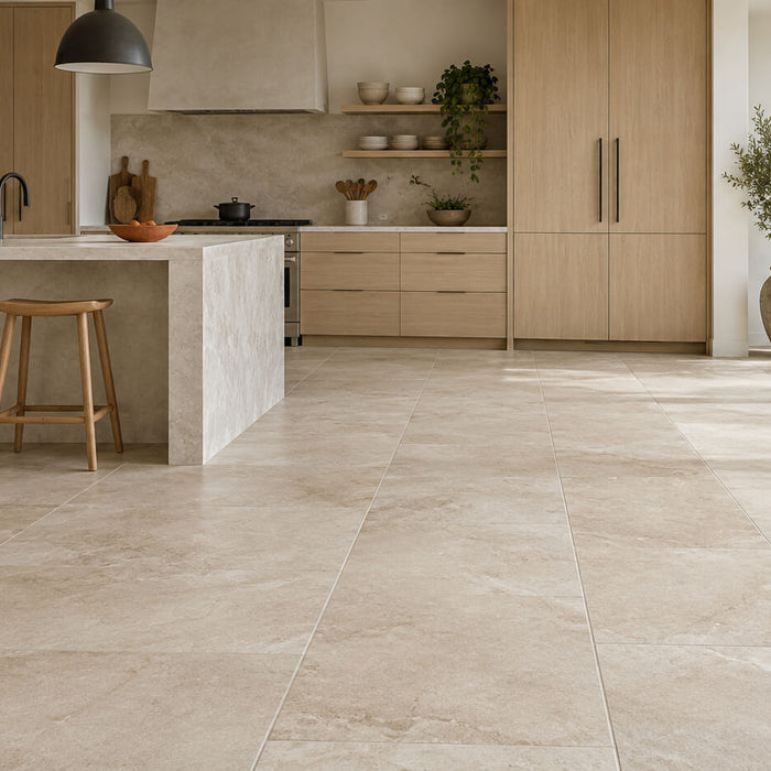  Modern kitchen with large beige porcelain floor tiles, oak cabinets, a stone island, and natural light.