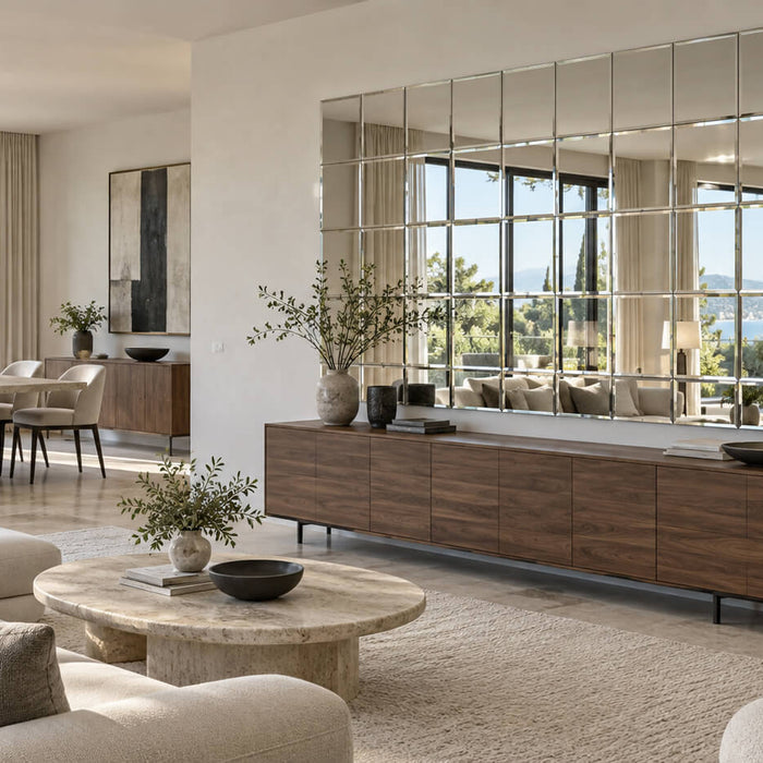 Bright living and dining room with beveled mirror wall tiles, a walnut sideboard, cream seating, and large windows.