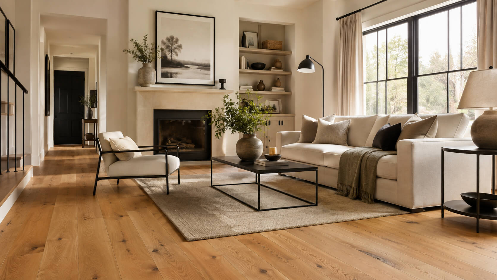 Modern living room with light oak hardwood floors and black accent furniture, lighting, and decor in a warm neutral interior
