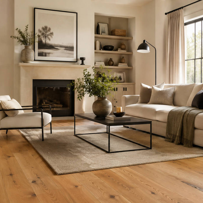 Modern living room with light oak hardwood floors and black accent furniture, lighting, and decor in a warm neutral interior