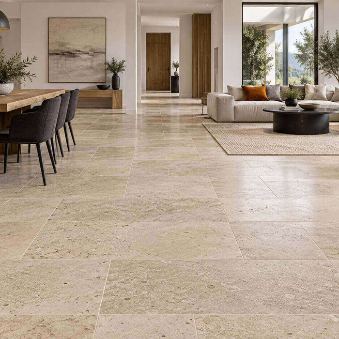 Naturally varied beige limestone tiles evenly blended across the floor of a modern open-plan living and dining room.