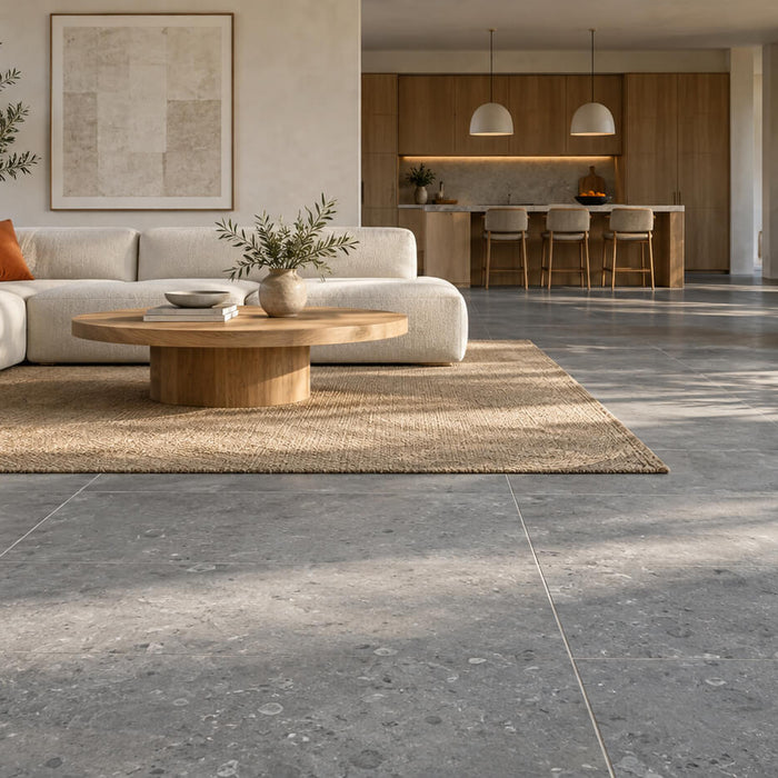 Modern living room with blue-gray limestone floor tiles, a cream sofa, oak furniture, and natural daylight.