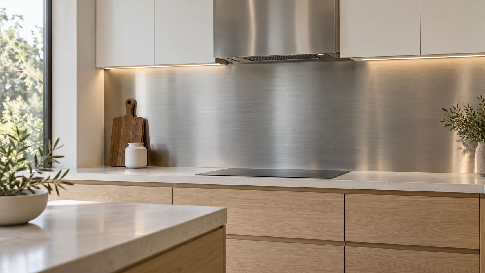Brushed stainless steel kitchen backsplash with pale oak cabinets, white countertops, and warm under-cabinet lighting.